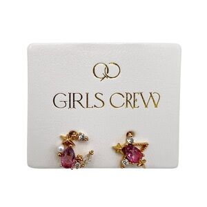 NWT Girls Crew Gold Plated Pink Glass Celestial Star & Moon Stud Earrings